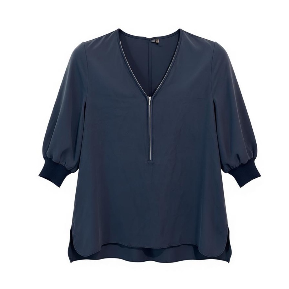 Lafayette 148 work top, Women's Navy Zip-Up Top, puff sleeve, size M